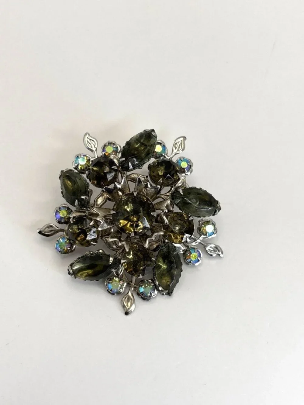 Vintage Mid Century Silver Tone Smoky AB Rhinestones Floral Sunburst Brooch Pin